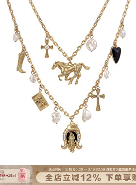 复古双层项链马术帽靴子锁骨链