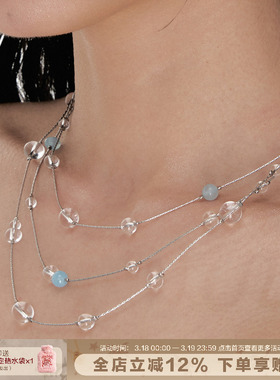 SUMIYAKI春夏水滴蓝色多层流苏项链透明冰晶多层叠戴锁骨链choker