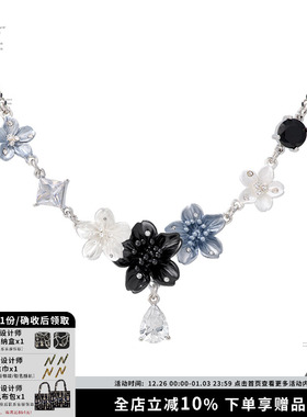 新中式立体花朵项链蓝黑色锁骨链