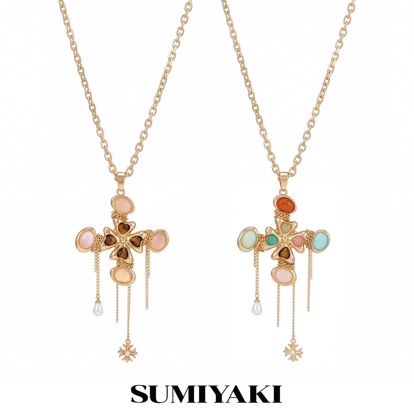 SUMIYAKI 绮梦系列彩色十字链琥珀珍珠吊坠长款项链女配饰设计感