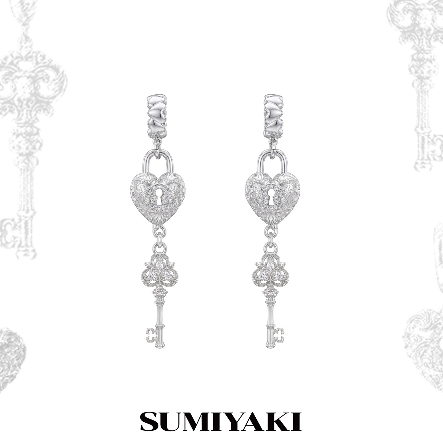 SUMIYAKI 爱锁芯系列银色锁钥匙长款耳环镶钻气质独特漂亮耳饰