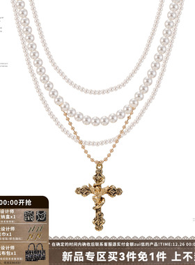 复古十字架项链天使多层choker