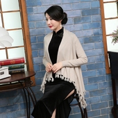 女中长款 不规则2019针织衫 复古春秋 旗袍外搭披肩外套长袖 流苏开衫