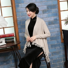 女中长款 不规则2019针织衫 复古春秋 旗袍外搭披肩外套长袖 流苏开衫
