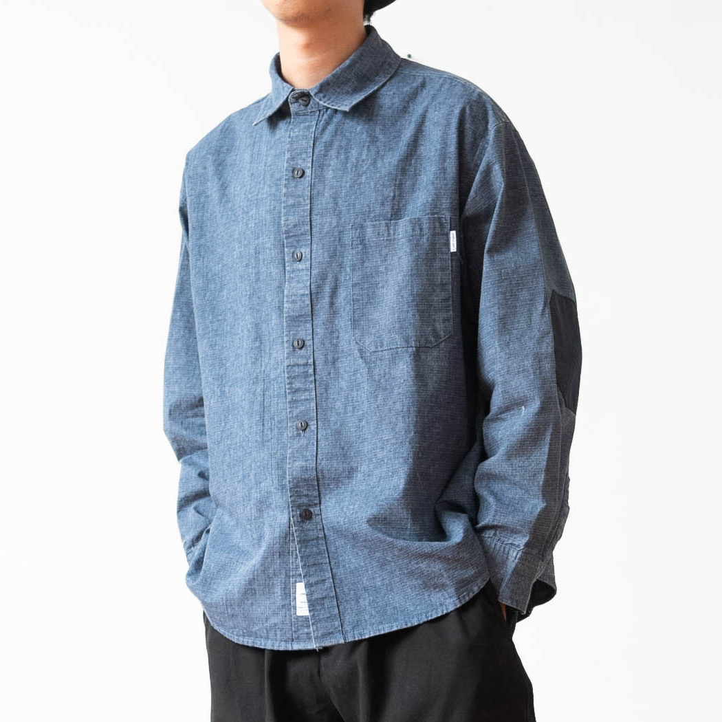 纯棉帆布做旧水洗补丁长袖衬衫