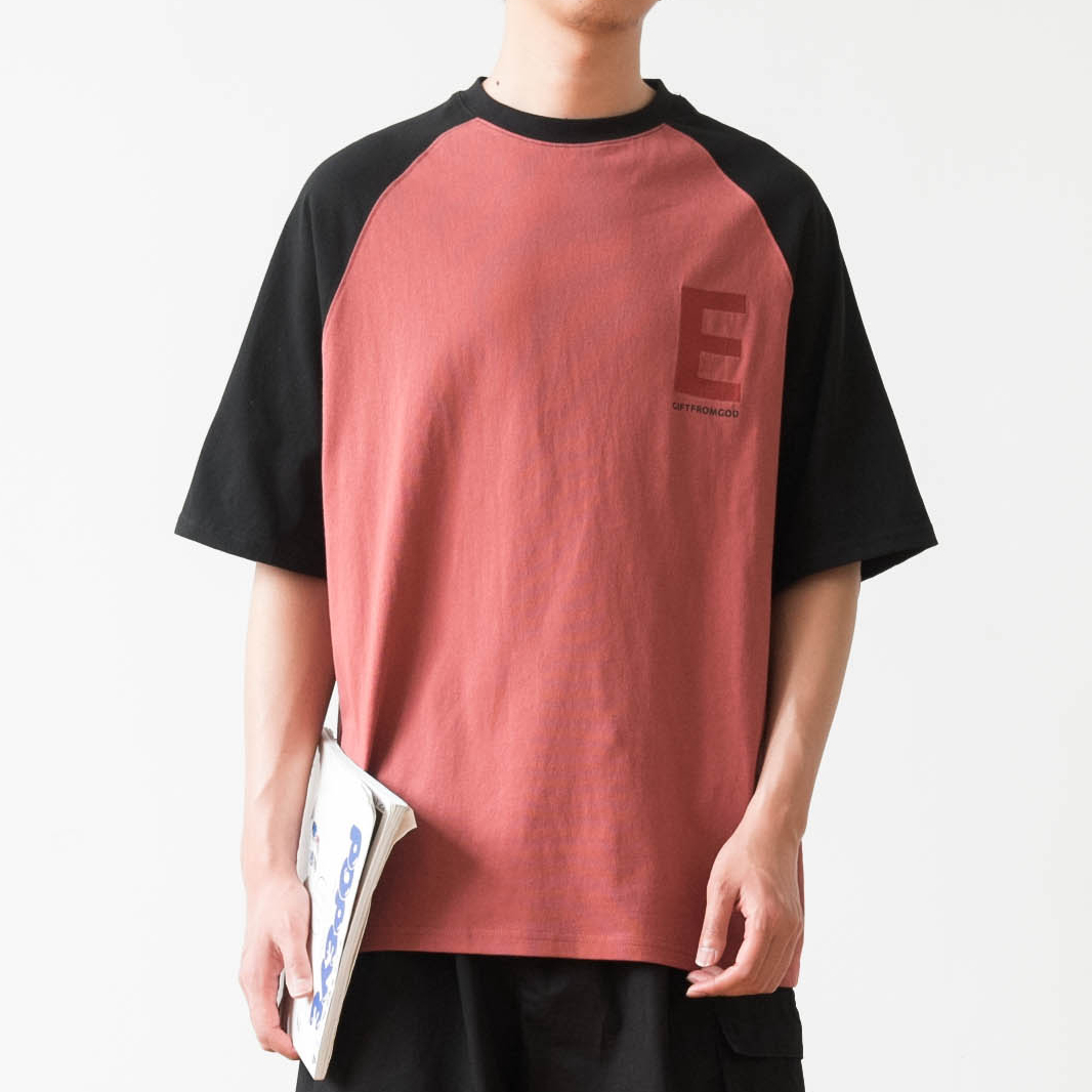 十字架刺绣撞色插肩纯棉短袖T恤