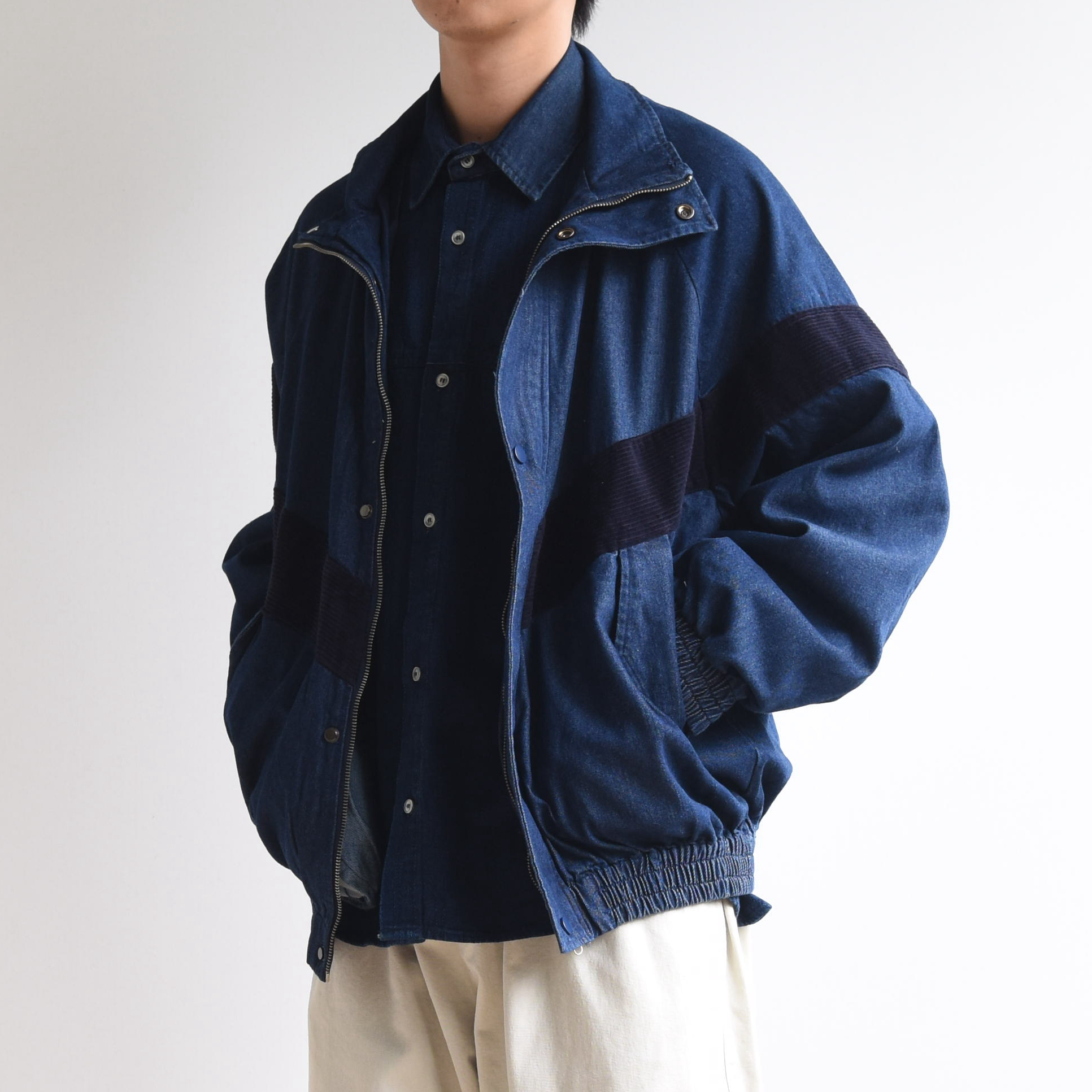 灯芯绒拼接立领宽松廓形牛仔夹克