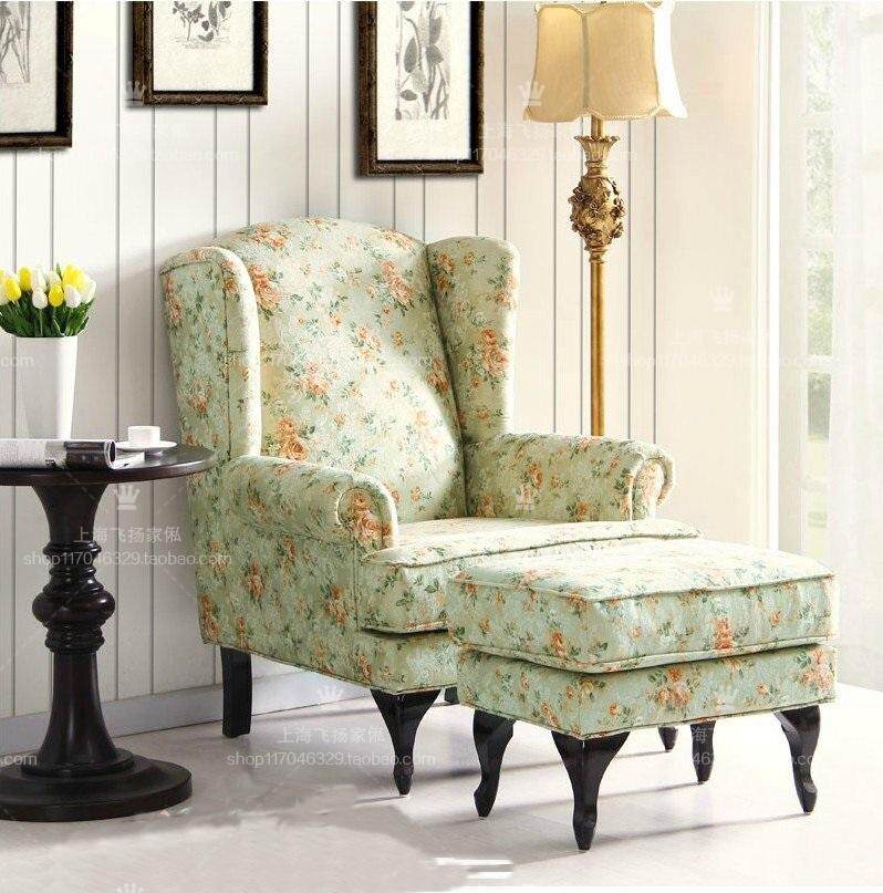 美式乡村田园棉麻花布沙发老虎椅小户型客厅高背椅卧室休闲贵妃椅