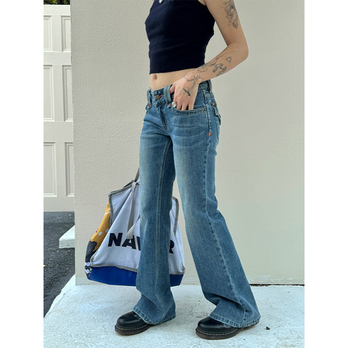 低腰微弹做旧洗水辣妹牛仔喇叭裤