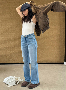 SpenPack//修身窄版利落复古猫须洗水中腰烟管微喇十分牛仔长裤