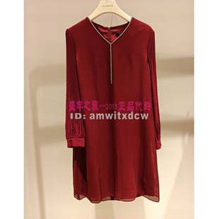 NAERSI娜尔思专柜春秋季新款V领连衣裙喜庆NF07528U6原2990