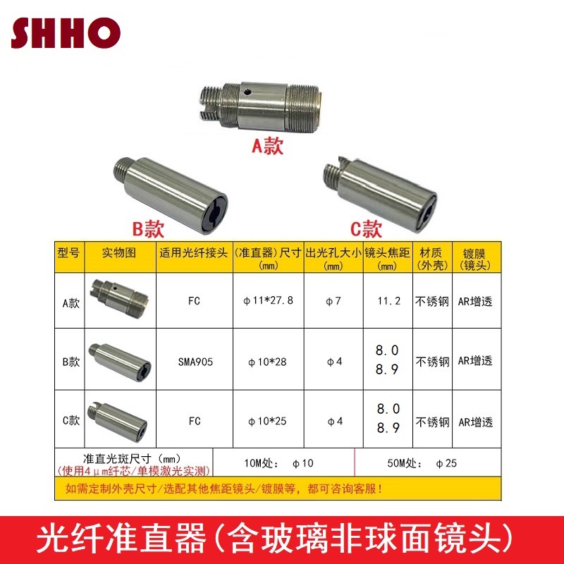 光纤耦合准直器镜头FC SMA接口激光管模组聚焦玻璃非球面镀膜透镜