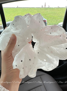 韩系简约白色亮片网纱大肠发圈女高级感超大丸子头低马尾头绳头饰