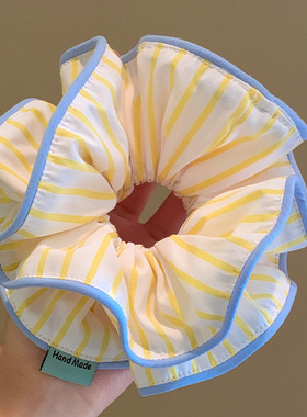 韩系柠檬黄色条纹大肠发圈女高级感超大丸子头皮筋头绳慵懒风头饰