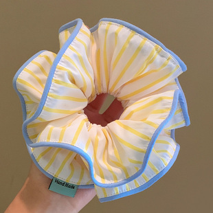 韩系柠檬黄色条纹大肠发圈女高级感超大丸子头皮筋头绳慵懒风头饰