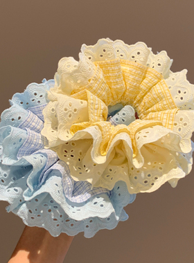 韩系超仙奶黄色格子蕾丝大肠发圈女超大丸子头马尾头绳芭蕾风头饰