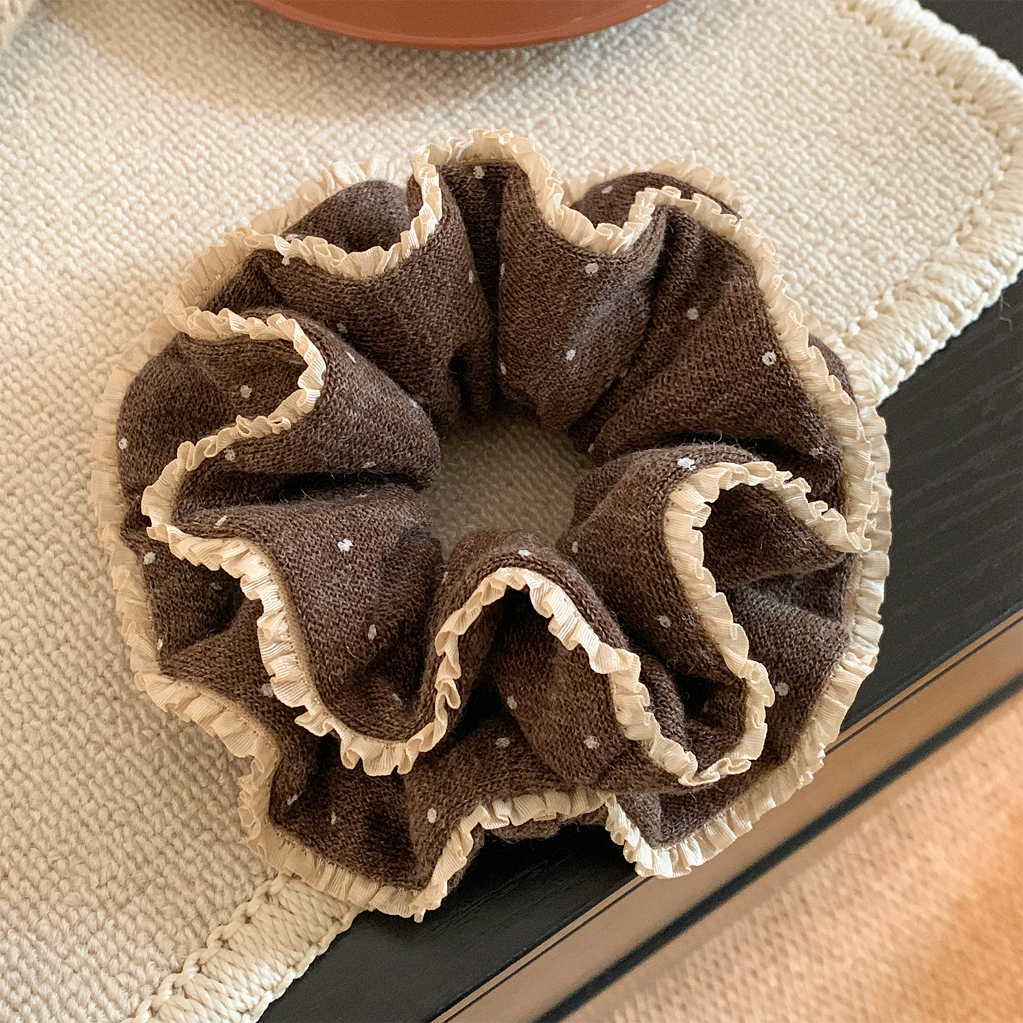 韩系咖啡色毛线针织双层大肠发圈