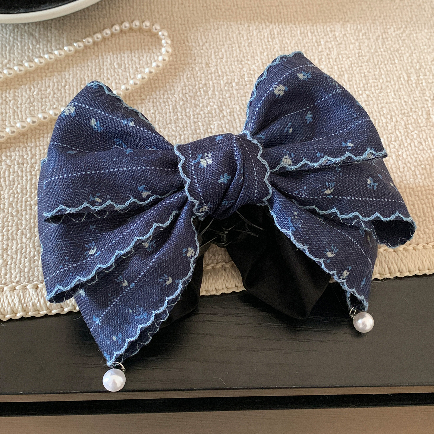 韩国蓝色牛仔蝴蝶结珍珠马尾抓夹