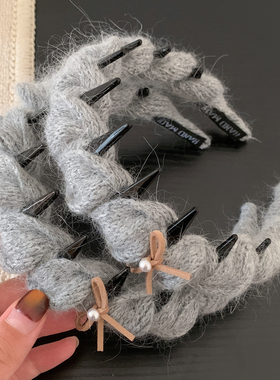 灰色兔毛针织蝴蝶结带齿发箍女高颅顶洗脸敷面膜头箍发卡头饰秋冬