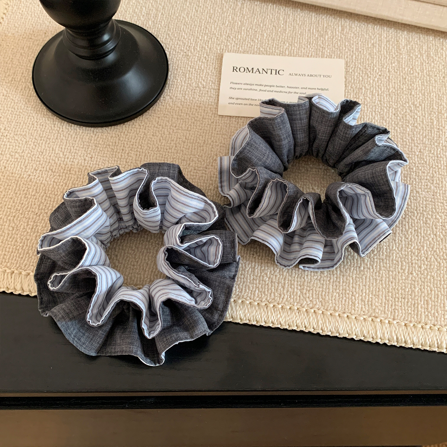 韩系简约灰色条纹双层大肠发圈