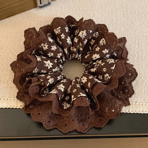 韩系咖啡色碎花蕾丝四层大肠发圈