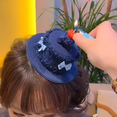 可以点燃的牛仔蝴蝶结樱桃生日帽蛋糕发夹女侧边发卡蜡烛夹子头饰