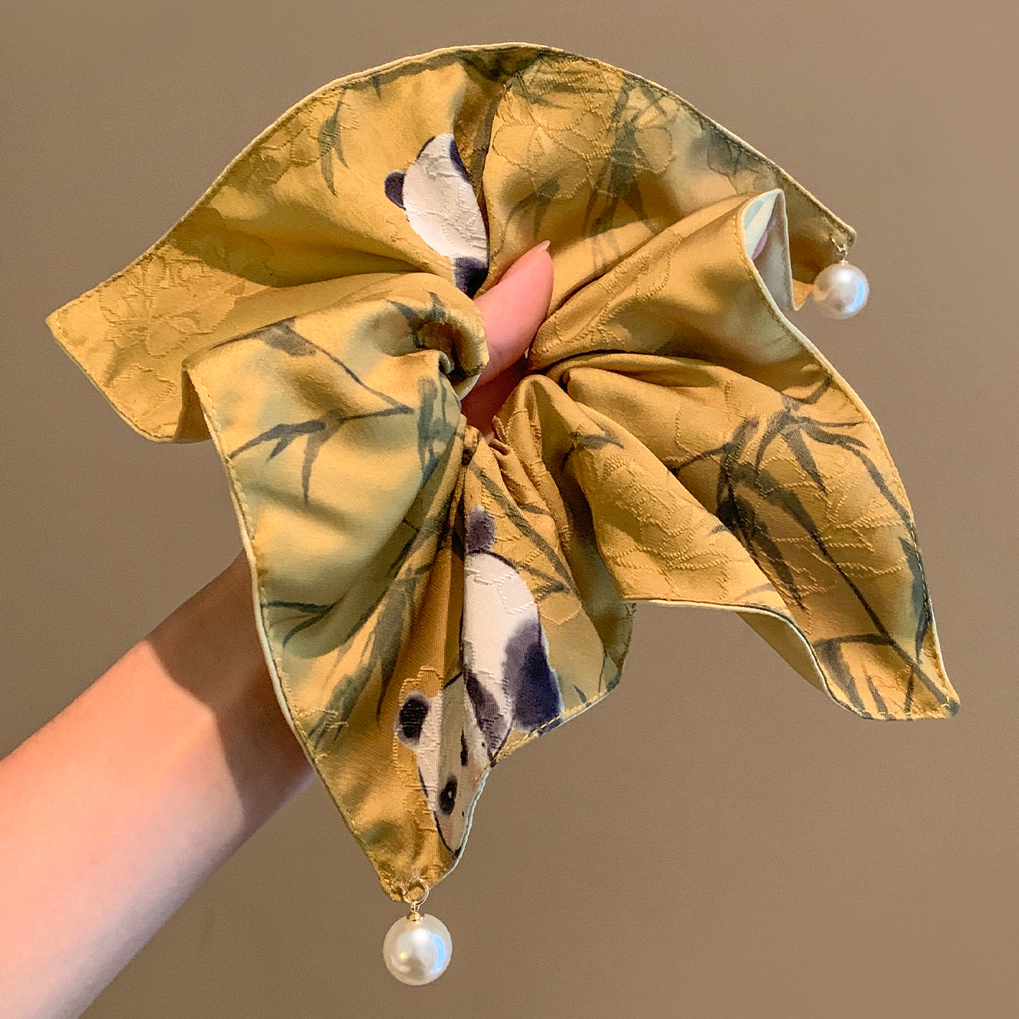 新中式熊猫竹子珍珠方巾大肠发圈