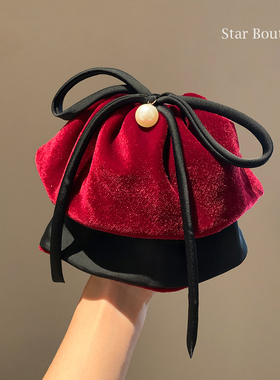 新年红色丝绒珍珠蝴蝶结裙摆抓夹女气质百搭后脑勺鲨鱼夹发卡头饰