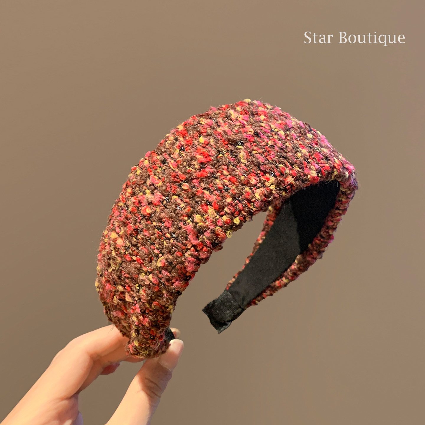 圣诞新年红棕色毛线珍珠宽边发箍