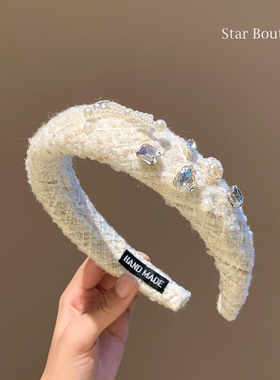 秋冬温柔白色毛线针织水钻宽边发箍女高颅顶百搭发卡洗脸头箍发卡