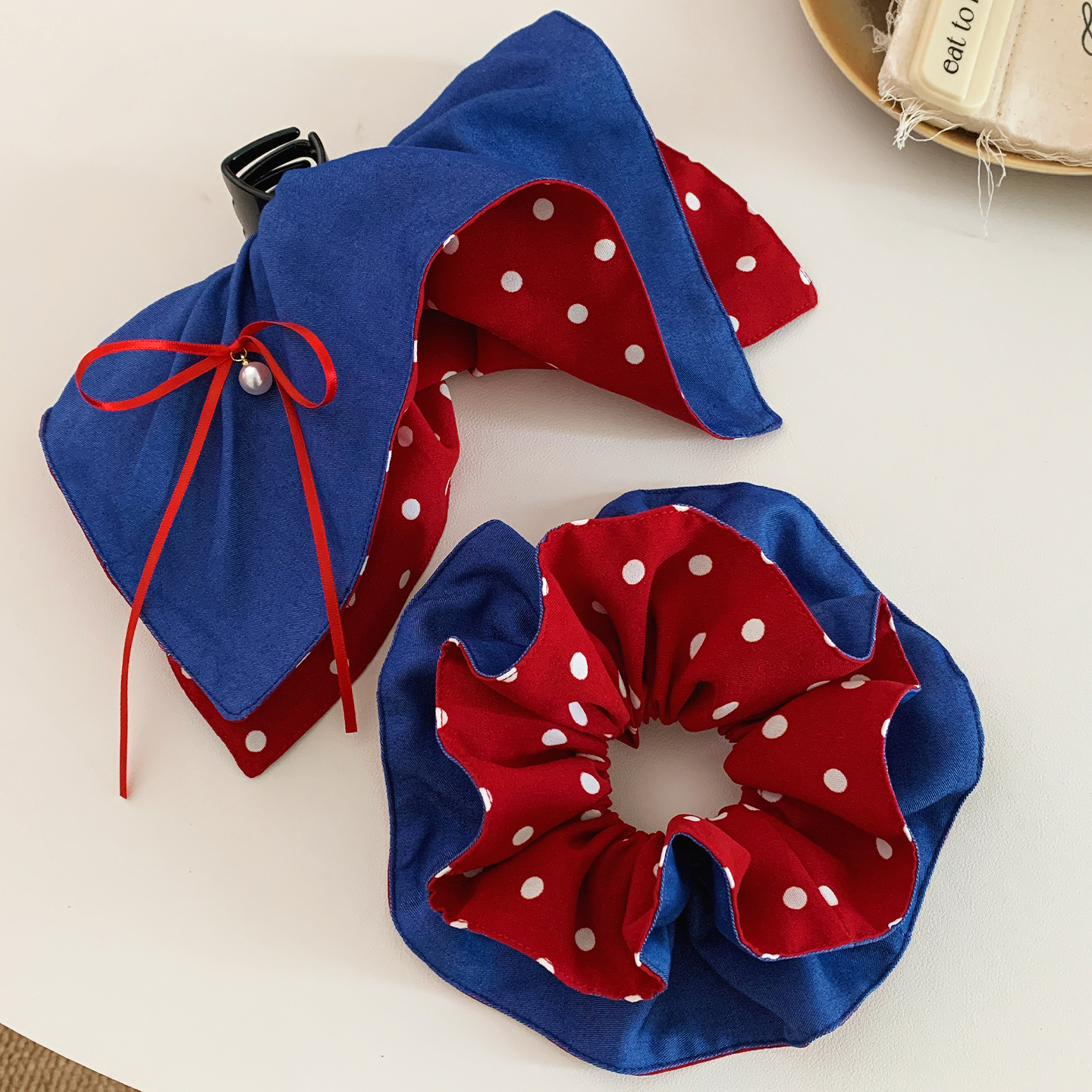 韩系红蓝色波点大肠发圈