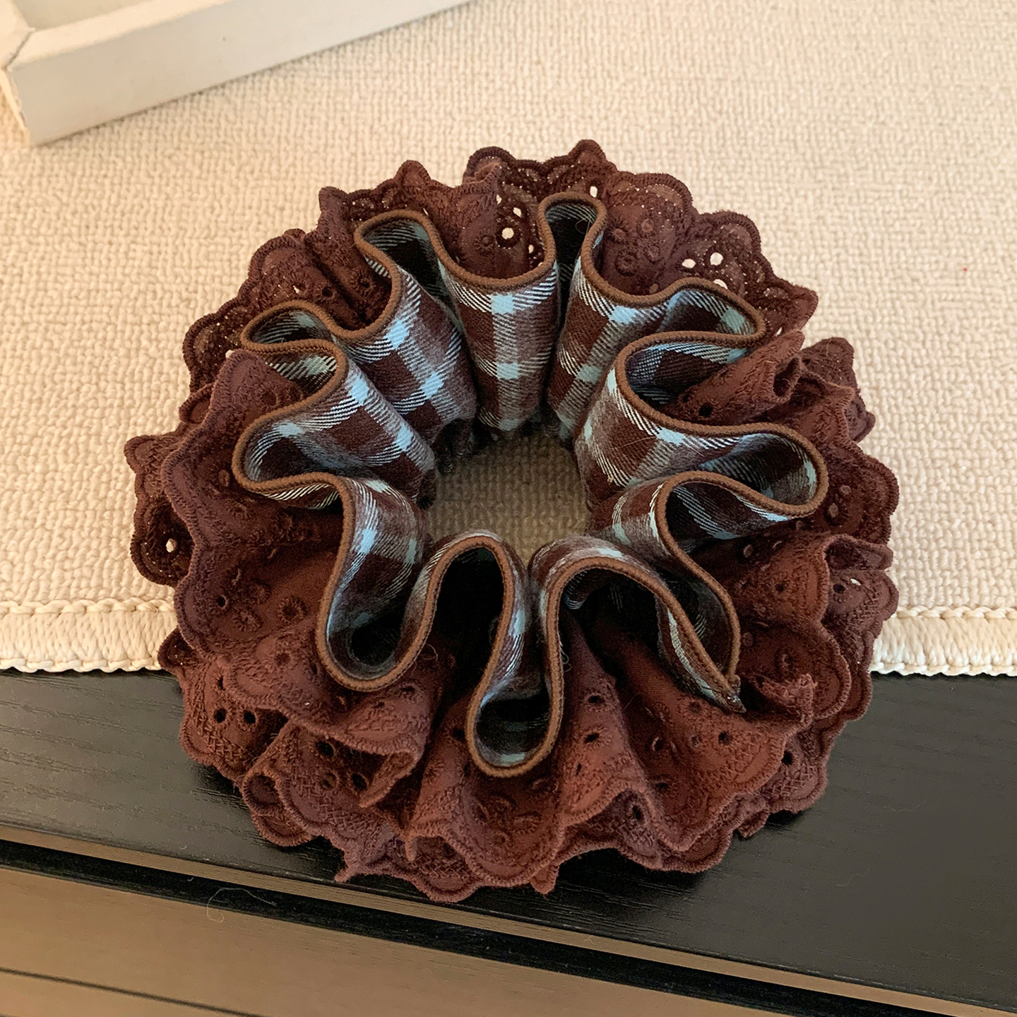 韩系复古蓝咖色格子蕾丝四层发圈