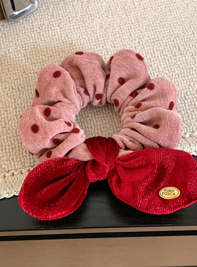 韩系甜美红色波点丝绒蝴蝶结小肠发圈女新年扎头发头绳气质头饰