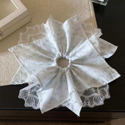 蓝色碎花方巾大肠发圈女