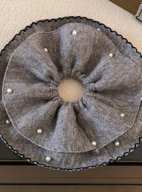 韩系复古灰色毛线针织珍珠大肠发圈女超大扎头发头绳秋冬气质头饰