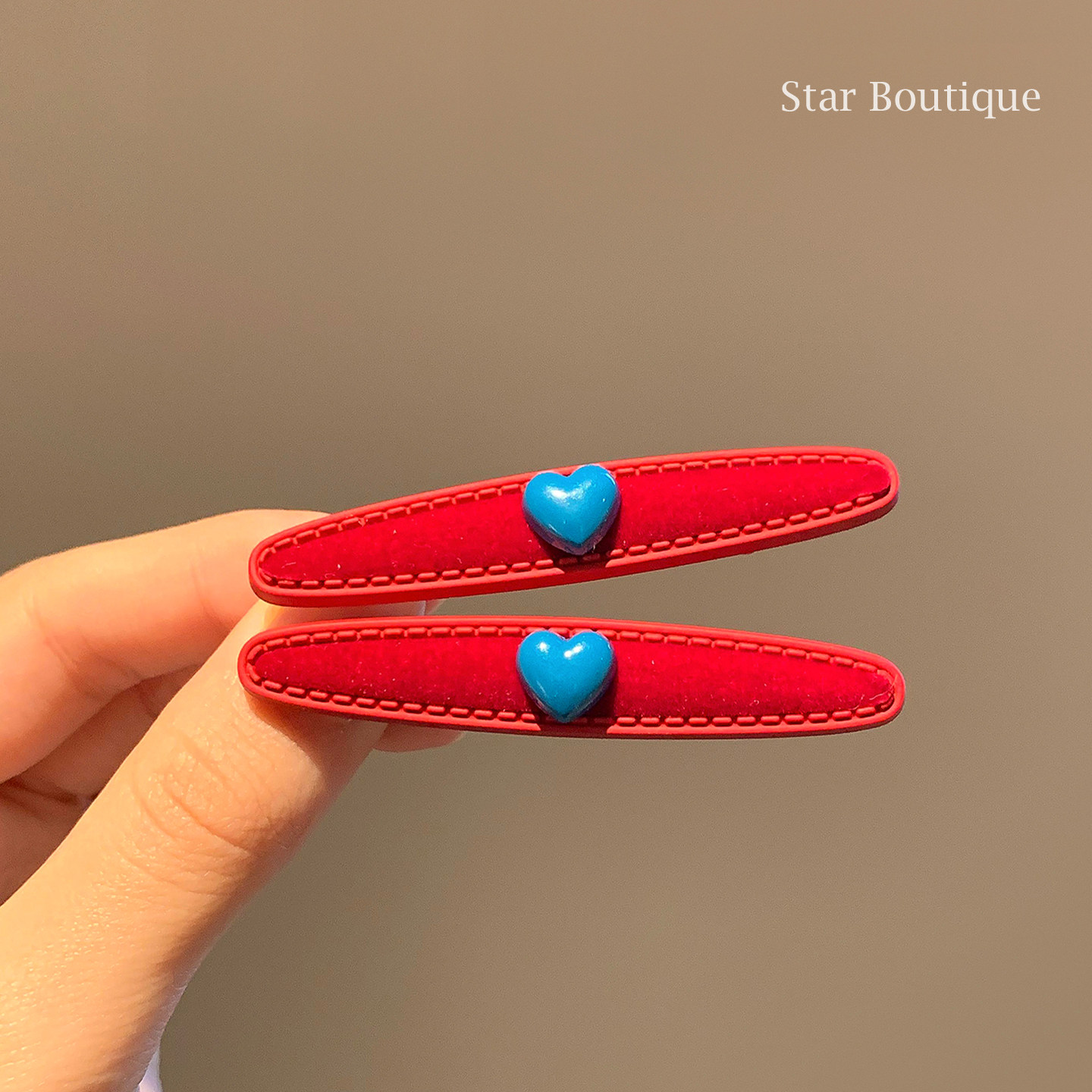 韩国小众红蓝色爱心丝绒发夹女新年碎发边夹刘海一字夹头饰发卡