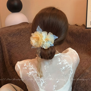 新中式黄蓝色渐变花朵发夹女高级感侧边后脑勺盘发头花发卡头饰