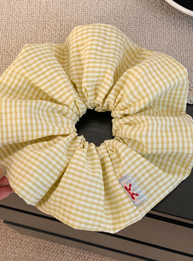 韩系学院风黄色格子大肠发圈女甜美超大丸子头低马尾头绳百搭头饰