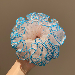 韩系粉蓝色亮片网纱大肠发圈女加大号丸子头低马尾头绳皮筋头饰