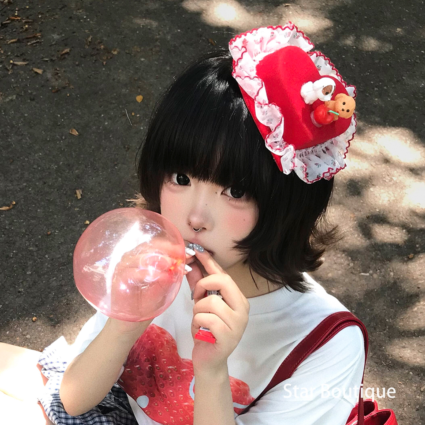 日系可爱红色丝绒蛋糕帽子发夹