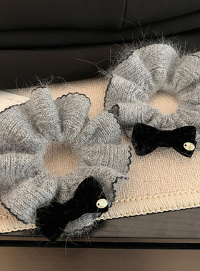 韩系灰色蝴蝶结羊毛针织大肠发圈女气质超大丸子头秋冬头绳头饰