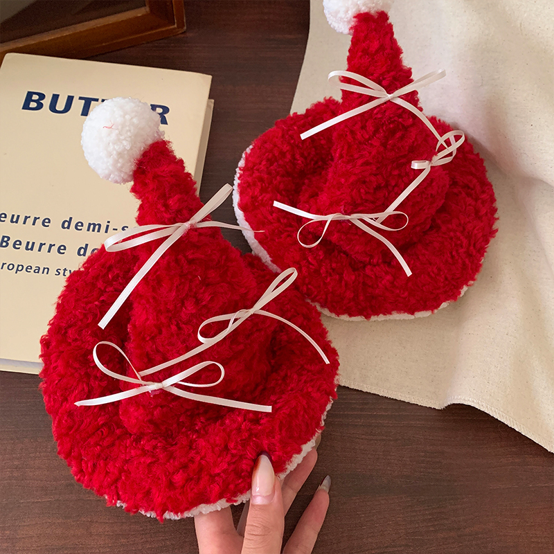 圣诞安可拉红色毛绒蝴蝶结帽子发夹女边夹侧边拍照氛围感夹子发饰