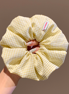 韩系黄色布艺格子大肠发圈女学院风百搭超大丸子头扎头发头绳头饰