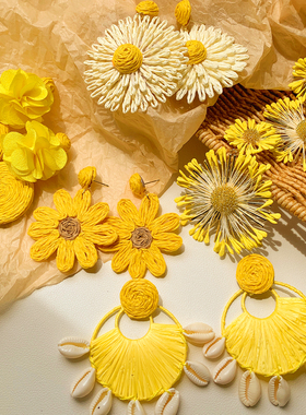 浪漫私藏家~夏日黄色花朵流苏耳环女波西米亚风海边拍照耳钉耳饰