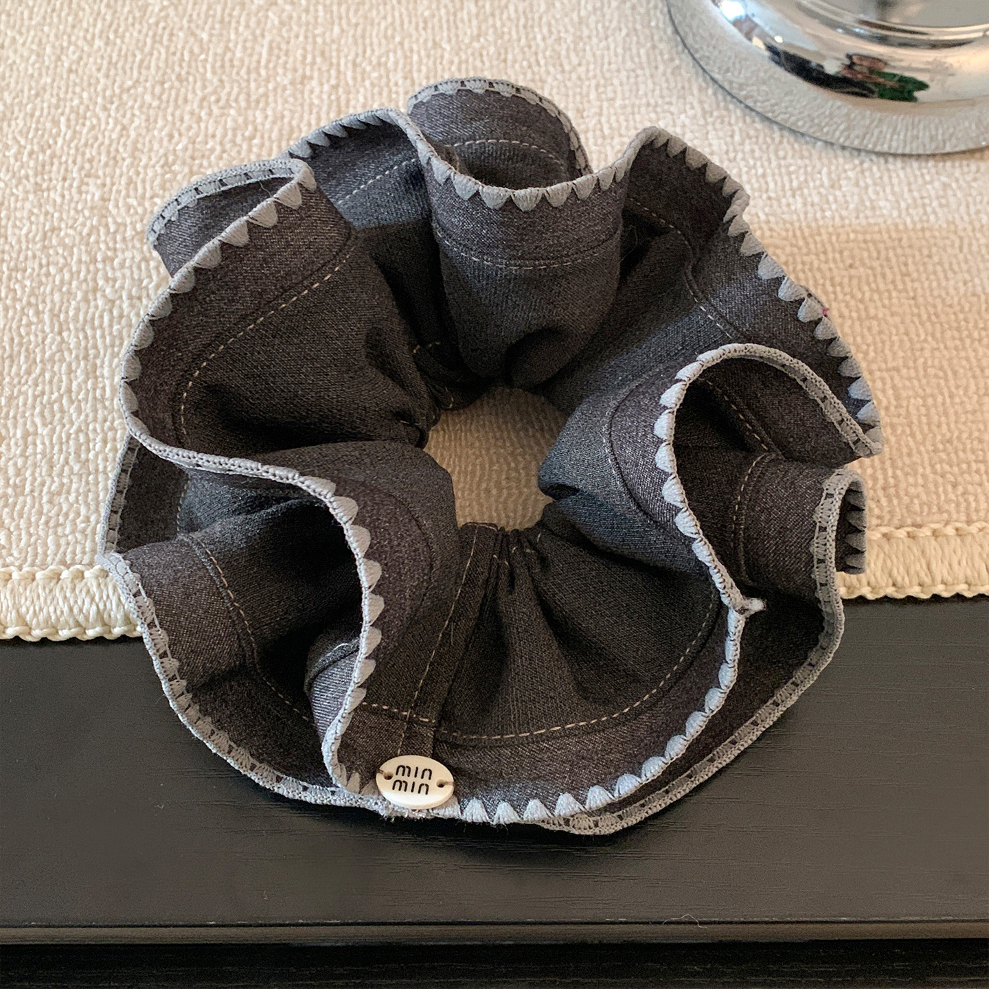 韩国重工灰色牛仔布艺双层发圈女