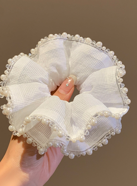 法式小香风白色珍珠网纱双层大肠发圈女超大扎头发气质头绳头饰