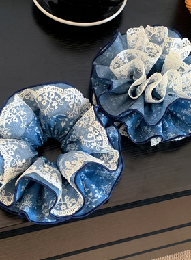 高级感蓝色碎花蕾丝大肠发圈女气质丸子头扎头发头绳皮筋头饰发饰