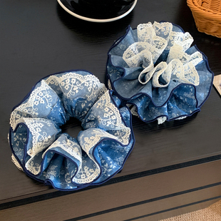 高级感蓝色碎花蕾丝大肠发圈女气质丸子头扎头发头绳皮筋头饰发饰