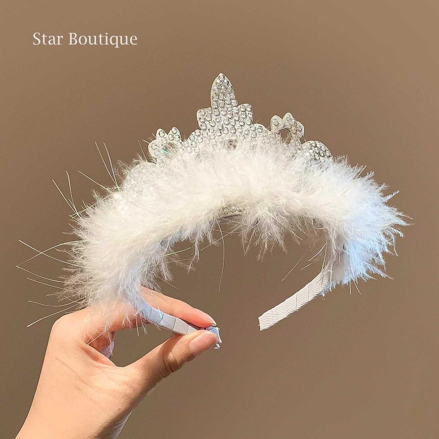 生日派对头饰女白色毛绒水钻皇冠