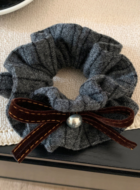 韩系灰色条纹针织蝴蝶结双层大肠发圈女超大丸子头低马尾头绳头饰